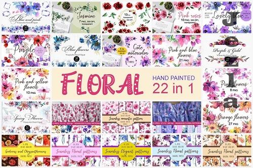 Watercolor Floral Patterns and Clipart - 22 Premium Graphics